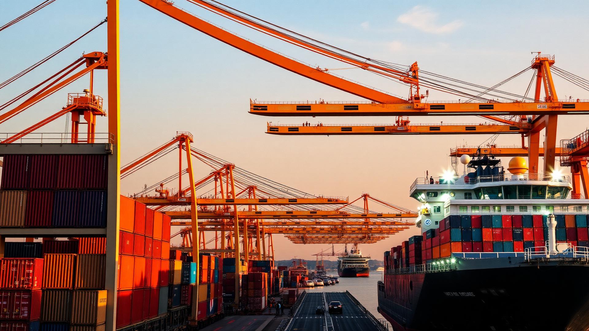 Container terminal with gantry cranes loading a cargo ship at sunset
